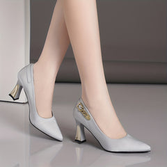 Women's Chain Decor Chunky Heels Faux Leather Pumps Pointed Toe