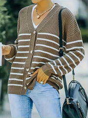  Stripe Print Button Up Long Sleeve Cardigan