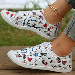 Cartoon Print Canvas Sneakers Non Slip Lace Up Skate Shoes