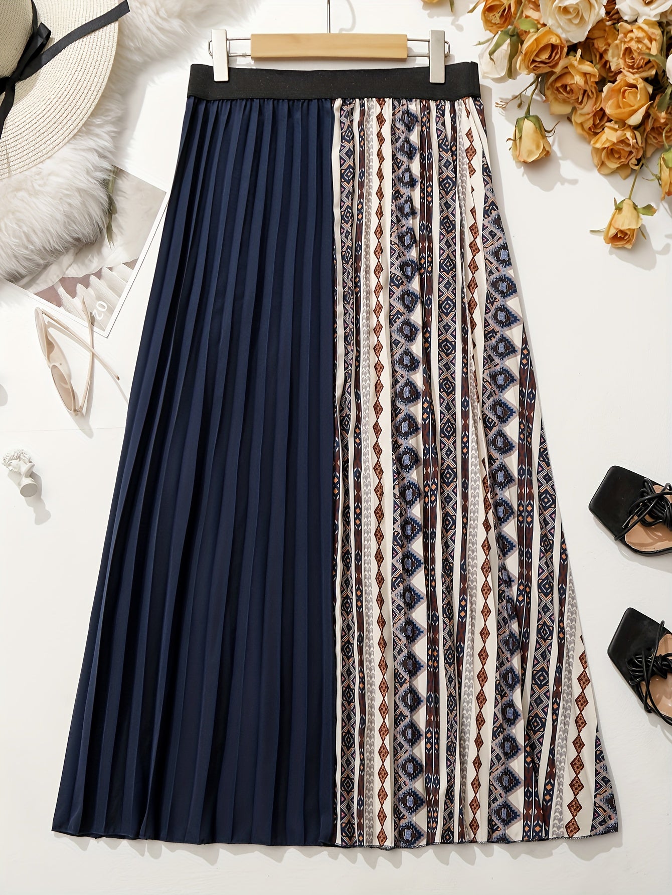  Boho Skirt Women's Plus Geo Print Pleated Skirt