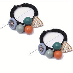 2pcs Candy Beaded Hair Tie Faux Pearl Decor Hair Rope Knitted Hair Tie