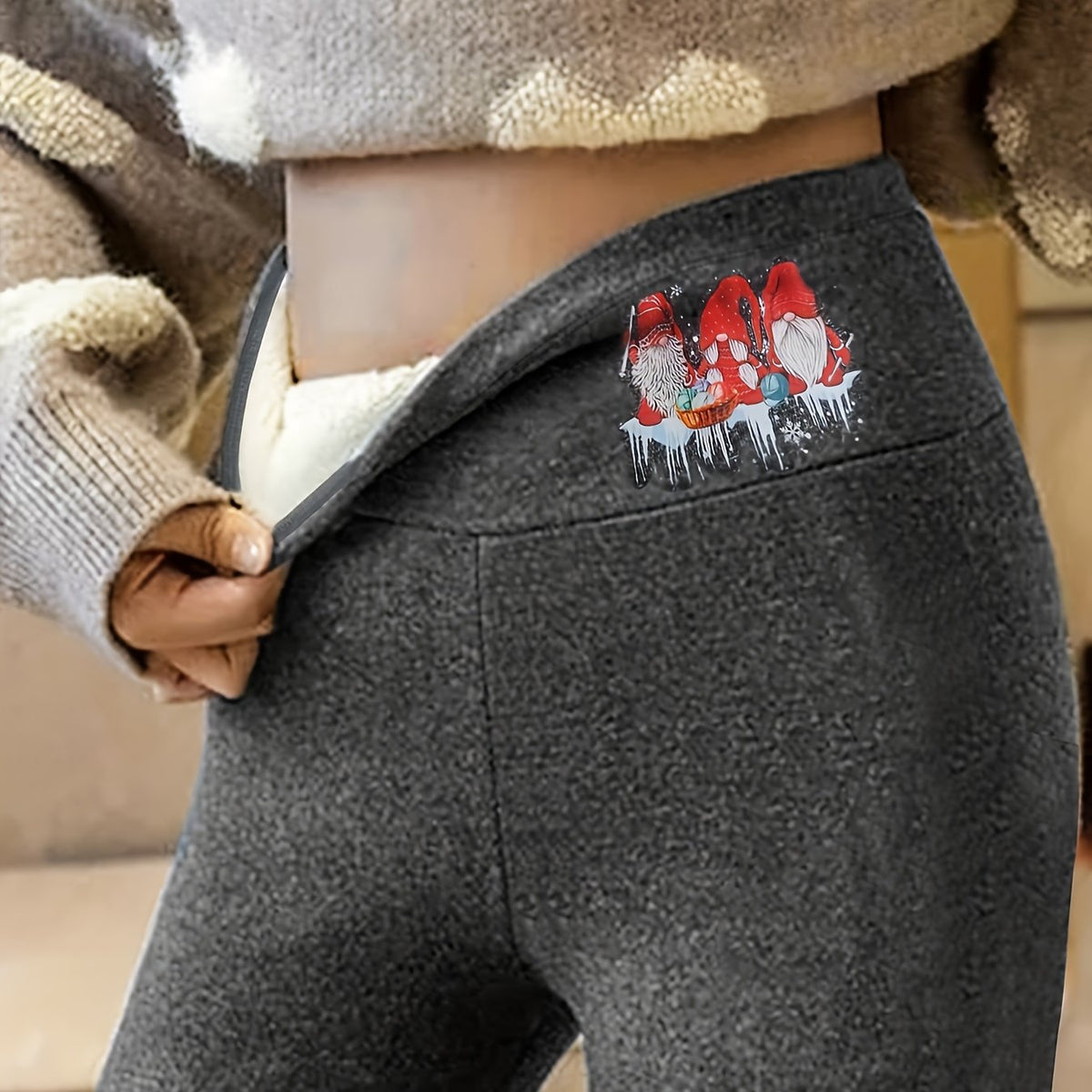  Sports Leggings Women's Plus Gnomes Print Fleece Lined Warm Pants