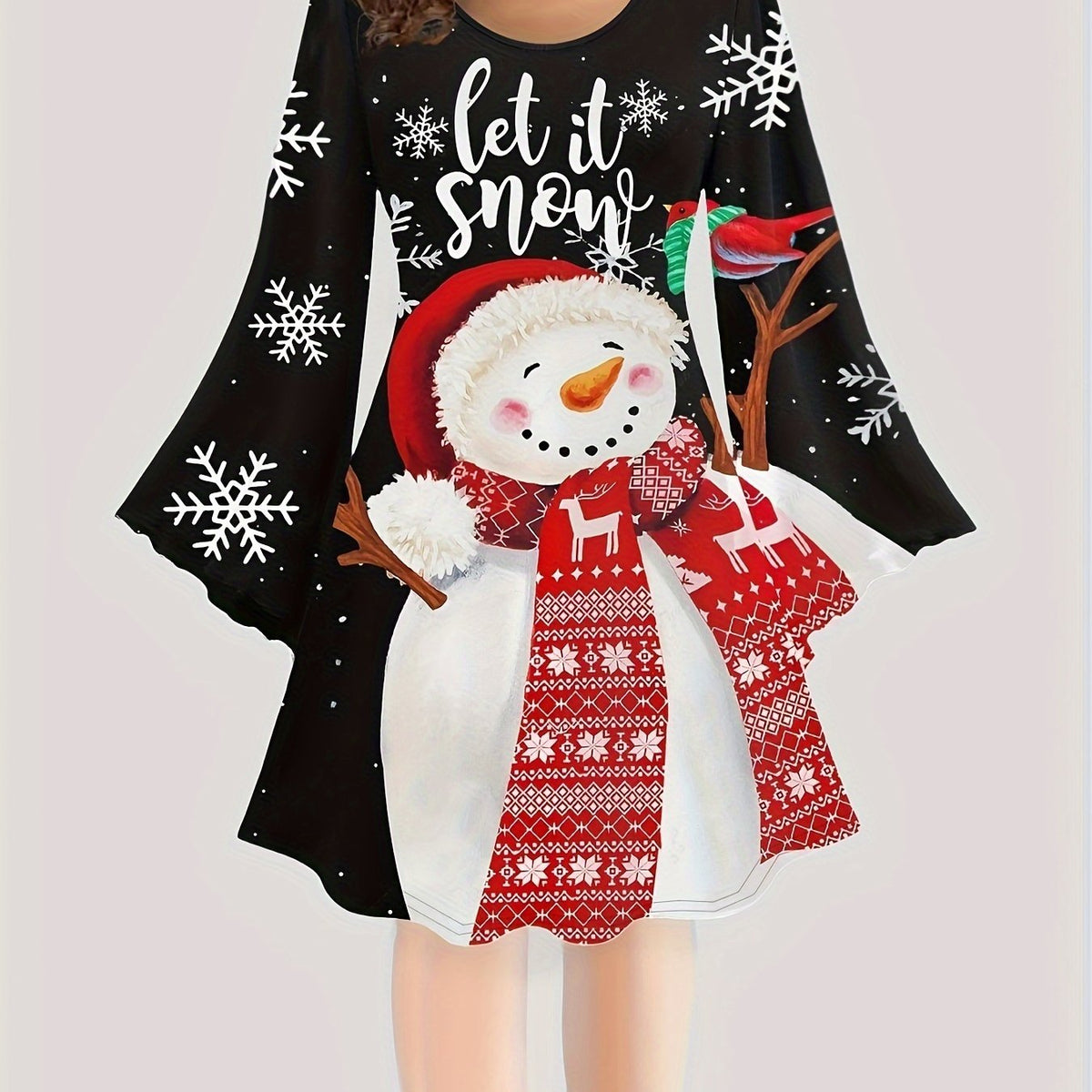  Christmas Snowman Print Long Sleeve Dress