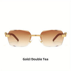 Men's Wood Print Leopard Head Rimless Sunglasses Square Frame Glasses