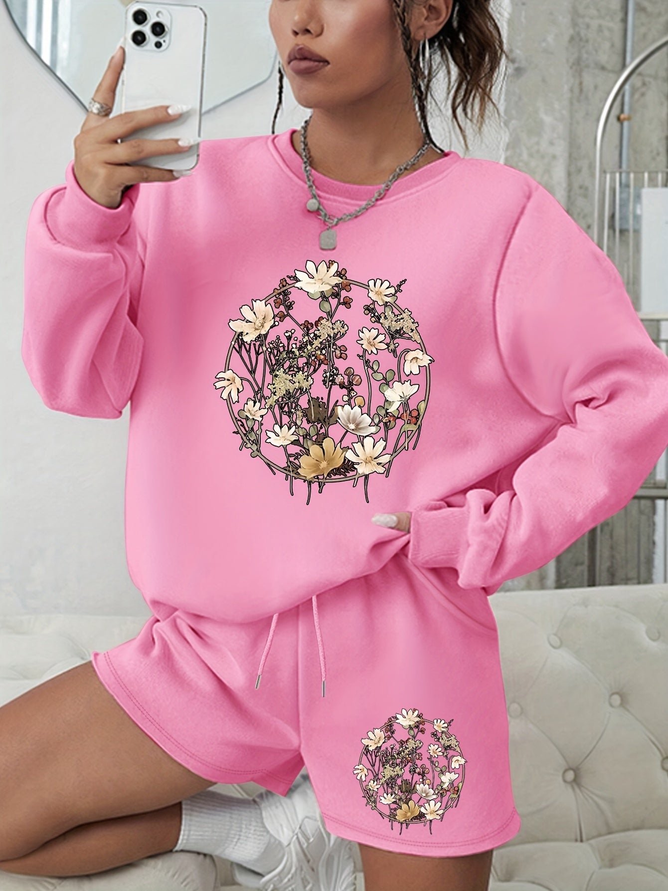  Floral Print Sweatshirt & Shorts 2 Piece Set