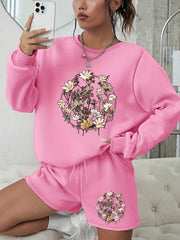  Floral Print Sweatshirt & Shorts 2 Piece Set