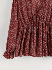  Boho Blouse Women's Floral Print Tie Front V Neck Peplum Top