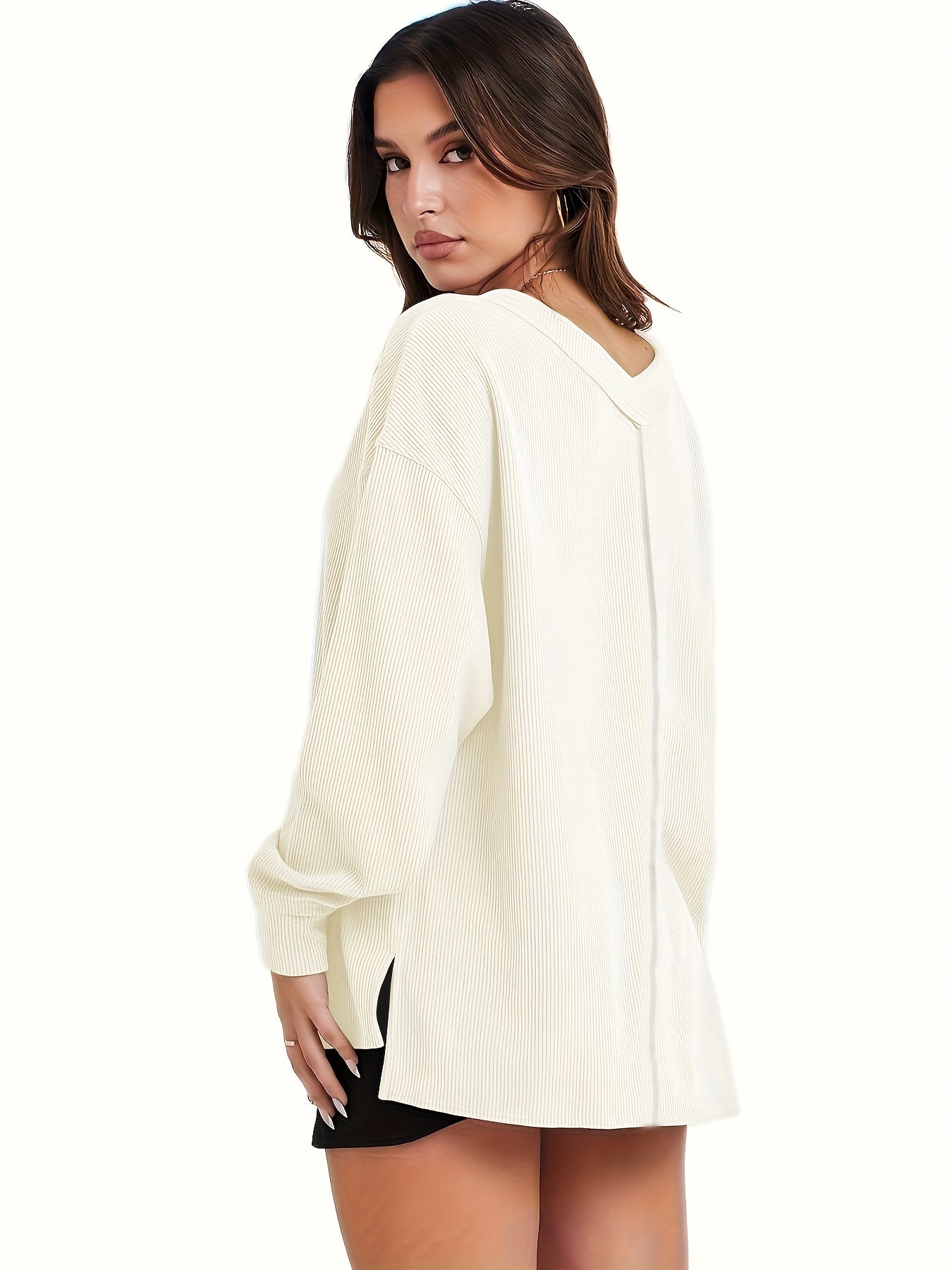  Solid Long Sleeve V Neck Knit Top