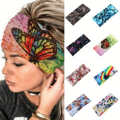Boho Butterfly Print Headband Stretch Turban Headwear Wide Brimmed