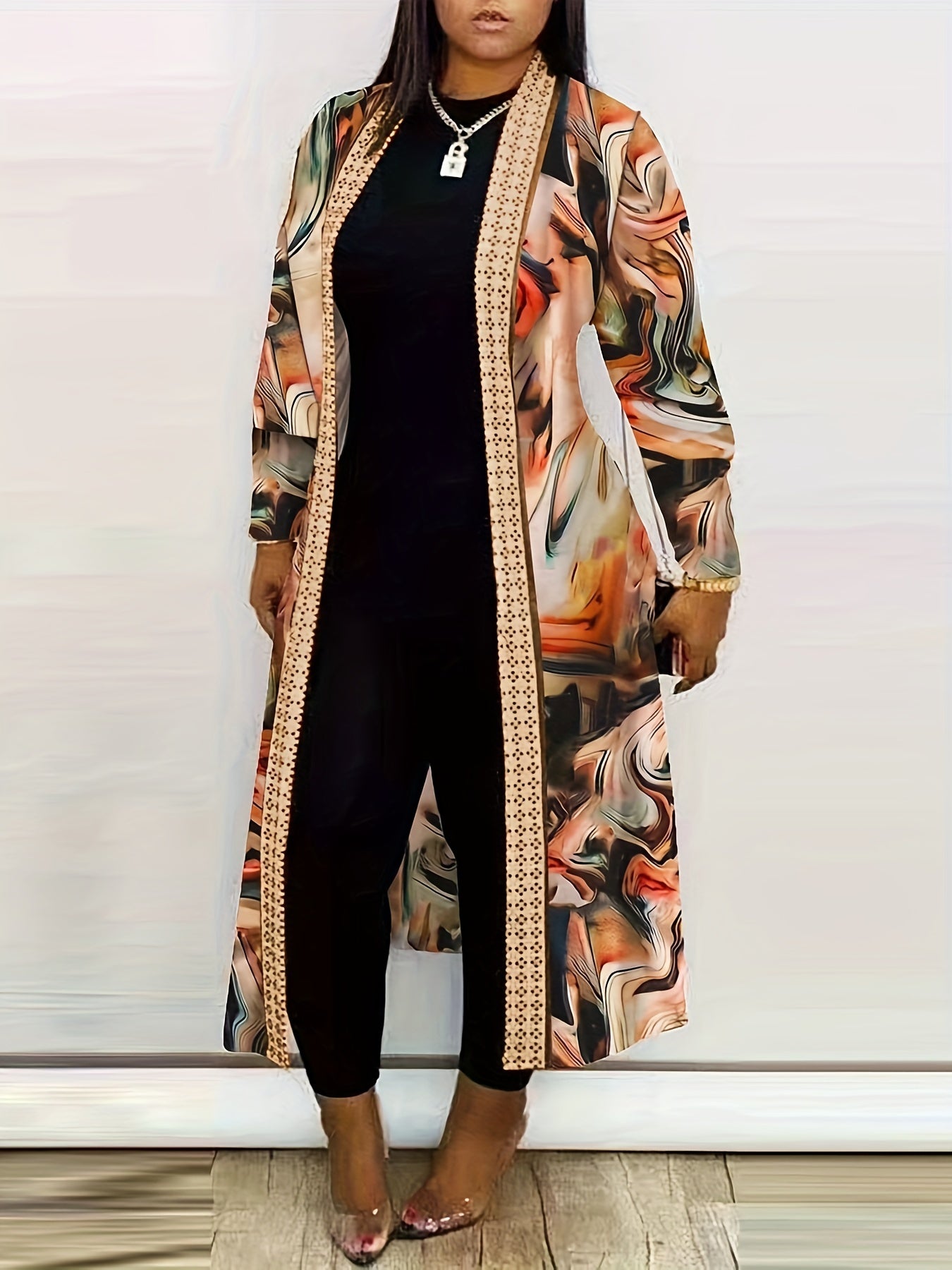  Marble Print Long Sleeve Open Front Cardigan