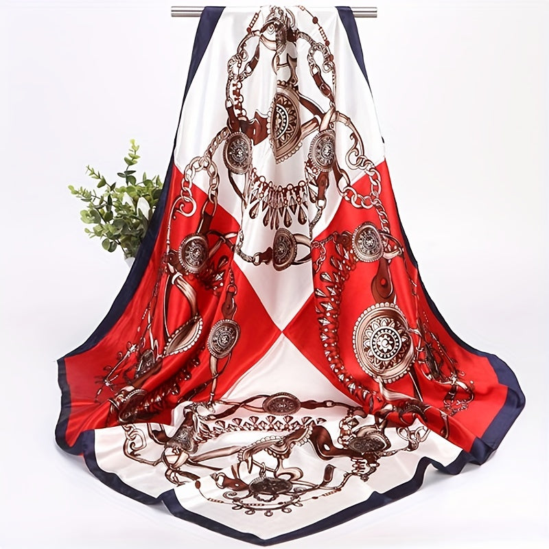 Chain Print Square Scarf Satin Block Bandana Silk Windproof Head Wrap