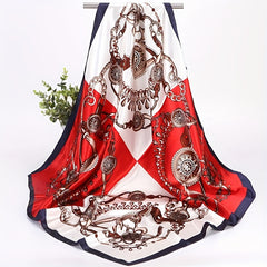 Chain Print Square Scarf Satin Block Bandana Silk Windproof Head Wrap