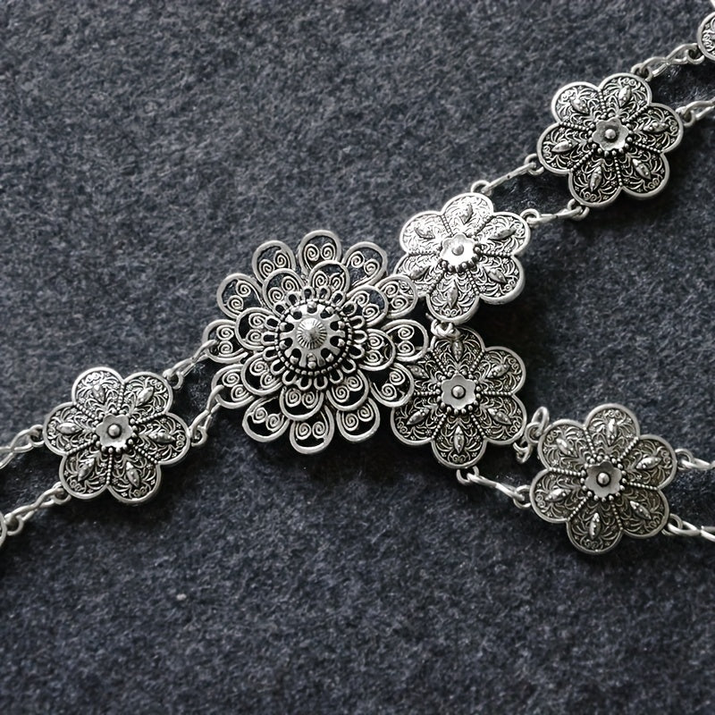 Boho Flower Hollow Out Belt Silvery Metal Waist Chain Dress Girdle