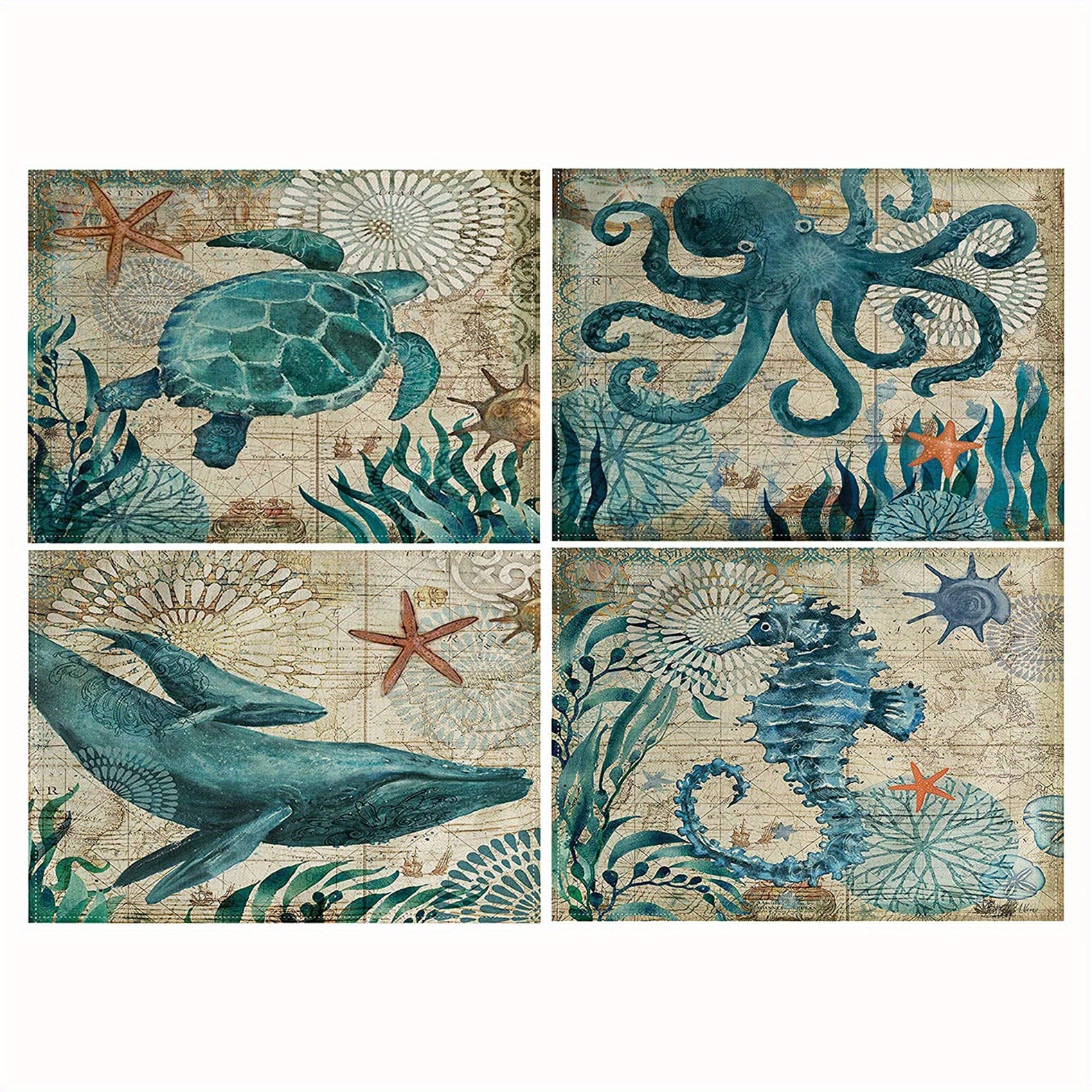 4pcs Vintage Ocean Style Linen Placemat Summer Sea Theme Table Mat