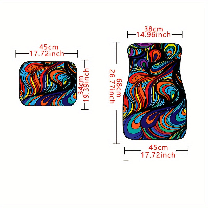 4pcs Colorful Printed Car Floor Mats, Water Absorbent & Stain Resistant