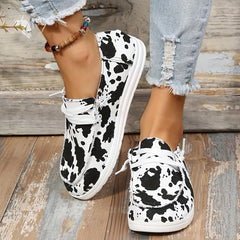 Women's Cow Pattern Canvas Shoes Casual Low Top Lace Up Slip On Walking Shoes