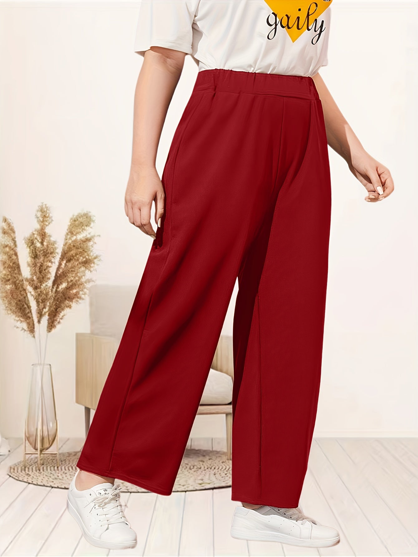  Solid Elastic High Rise Wide Leg Pants