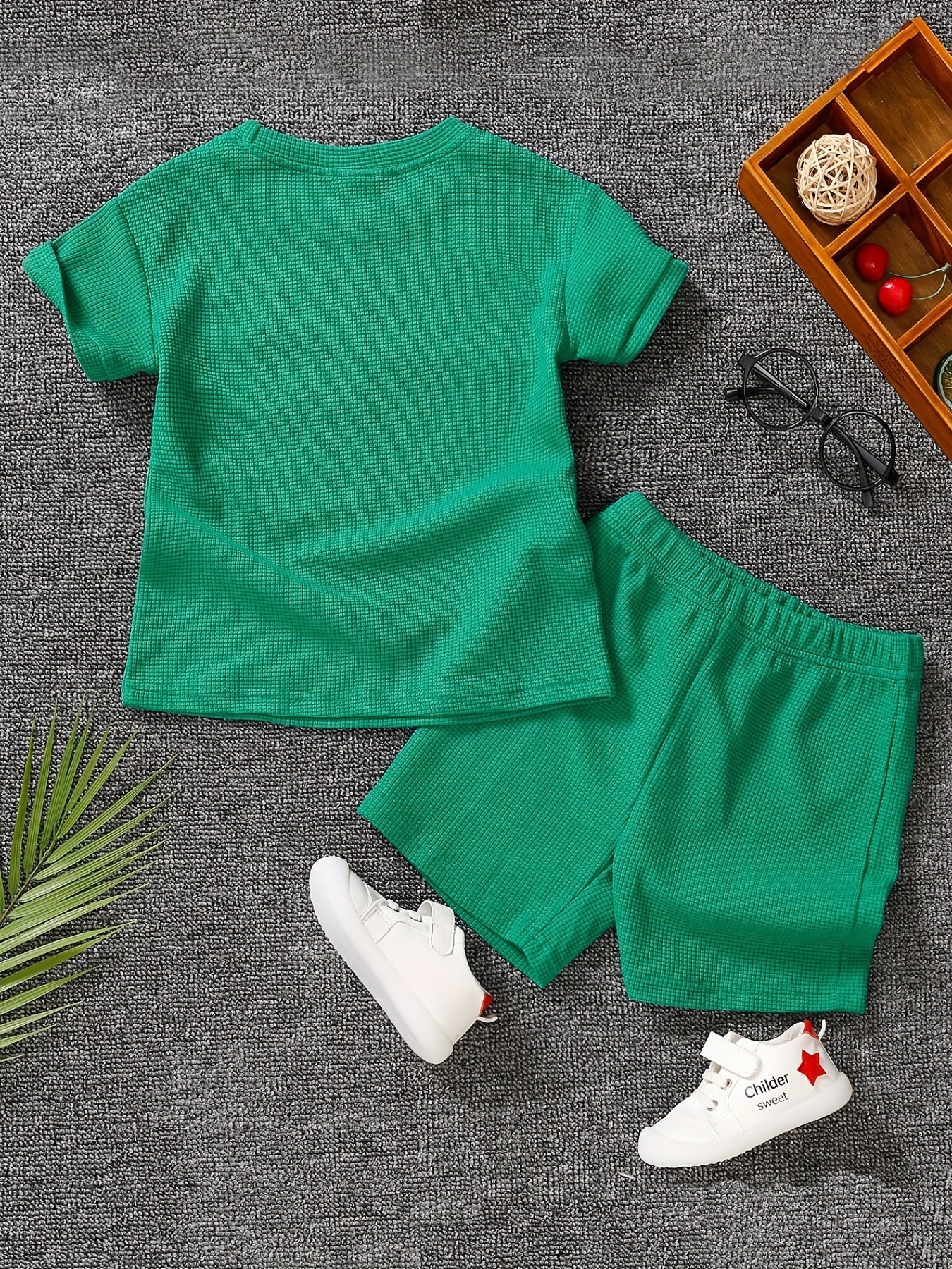 Boys Waffle Pattern Casual Outfit - T shirt & Shorts For Summer