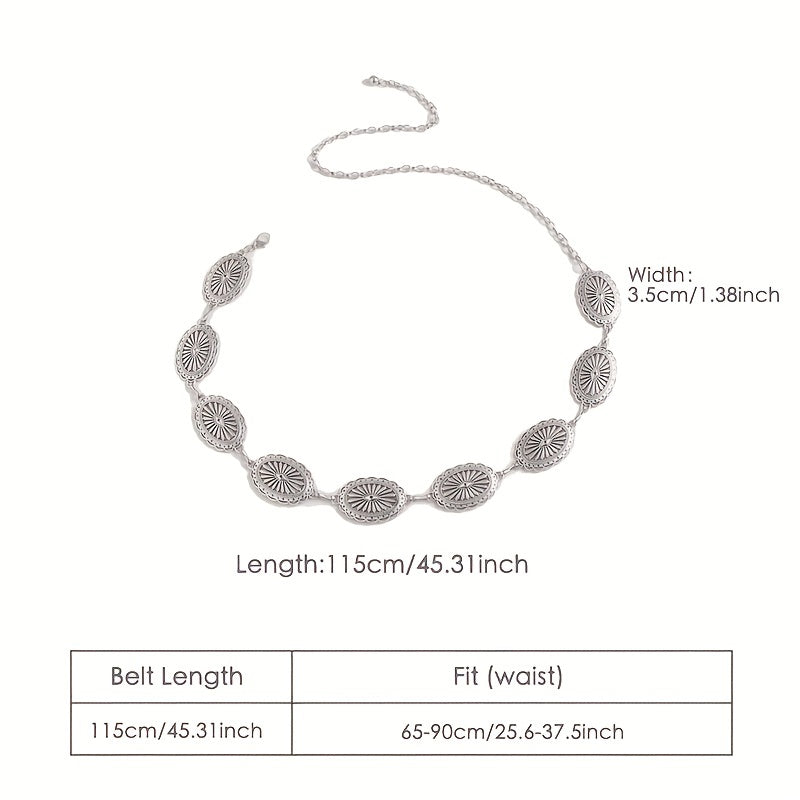 Silvery Hollow Oval Waist Chain Geometric Flower Carved Metal Body Chain