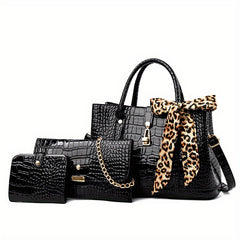 3 Pcs Crocodile Embossed Bag Set Tote Shoulder Clutch Card Case