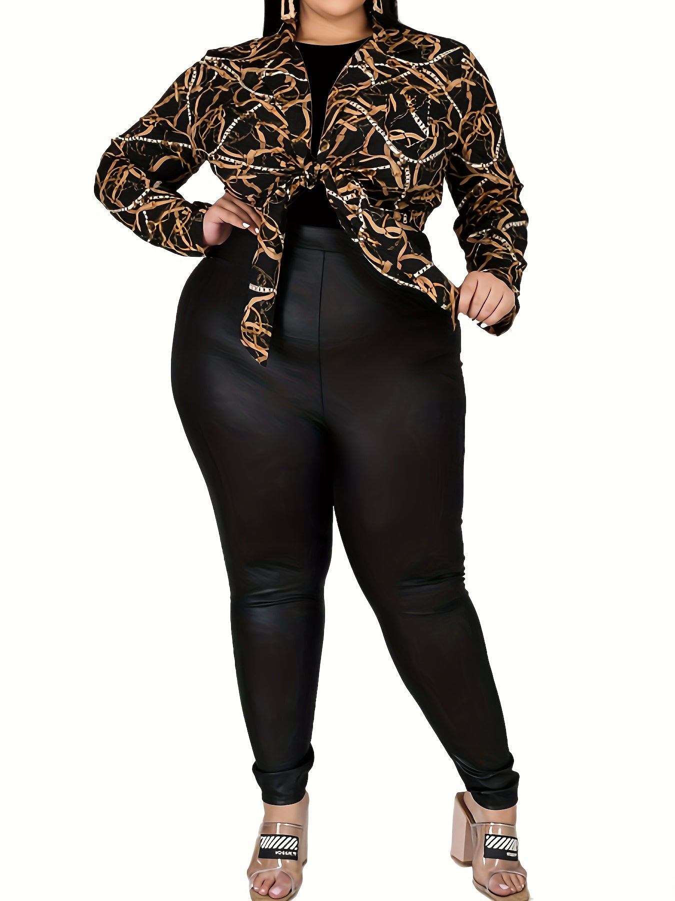  Sexy Blouse Women's Plus Chain Print Long Sleeve Knot Front Crop Top