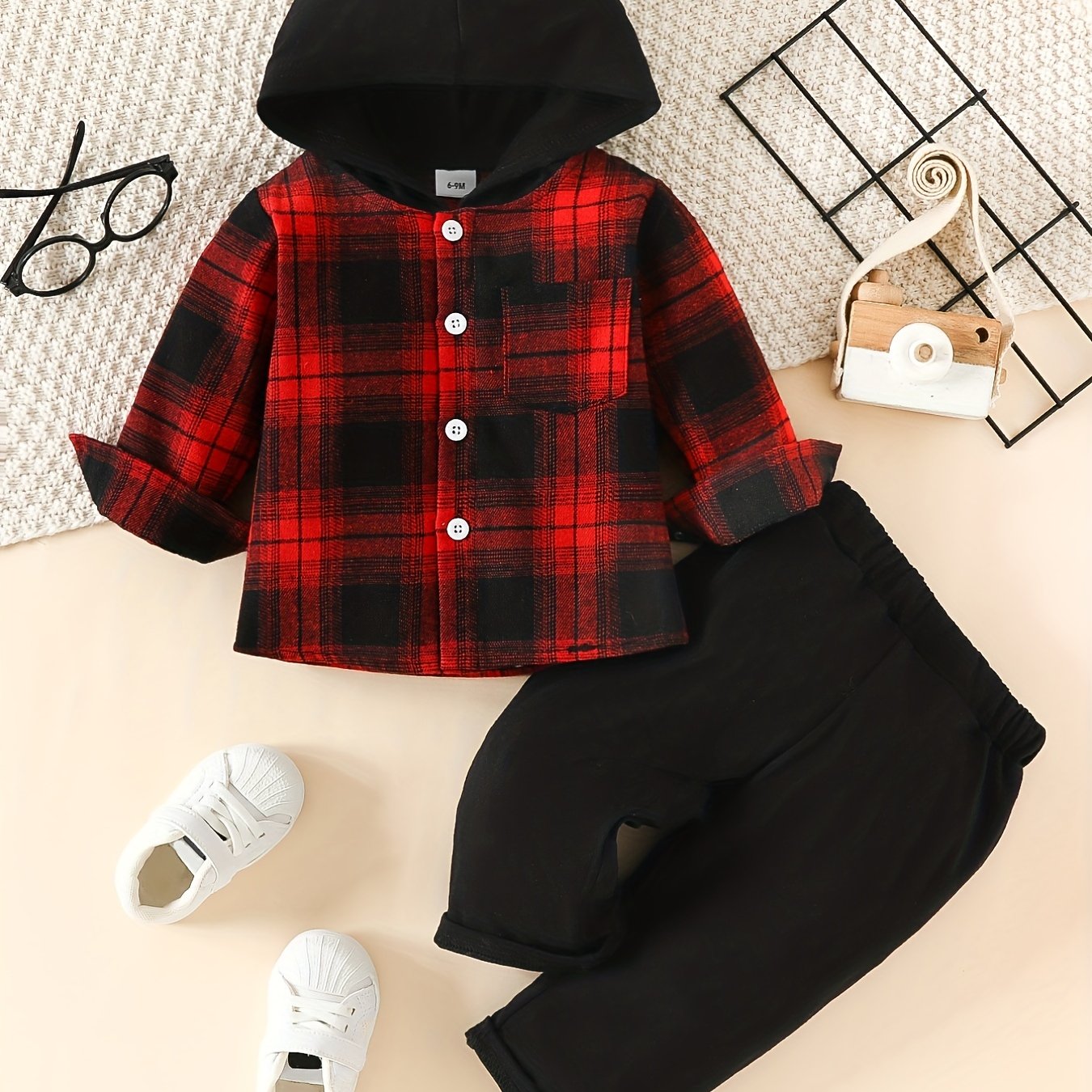Boy's Plaid Block Hooded Shirt & Pants Set Spring Fall Outfit