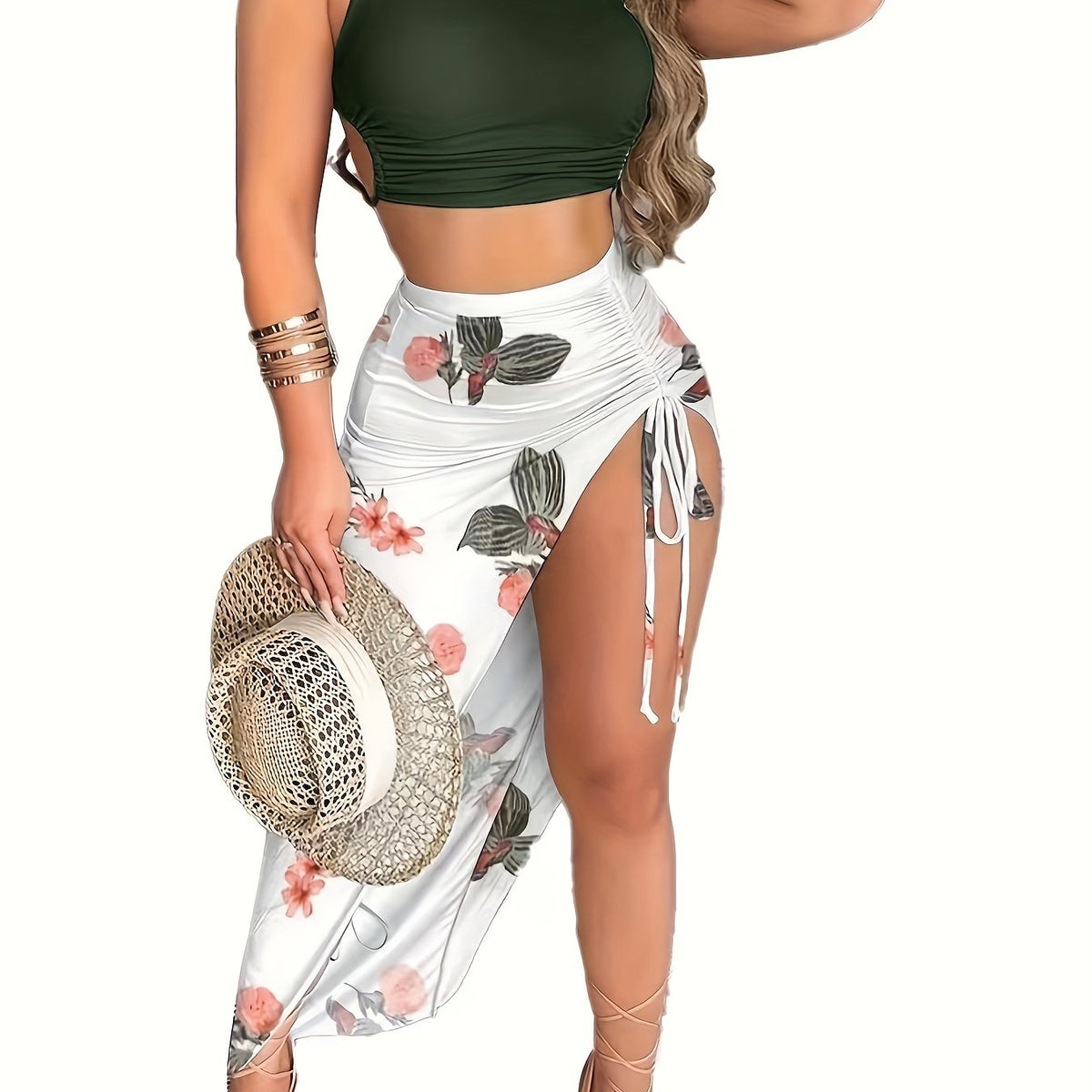 Casual Spring & Summer 2pc Set Solid Cropped Tops & Floral Print Split Skirts