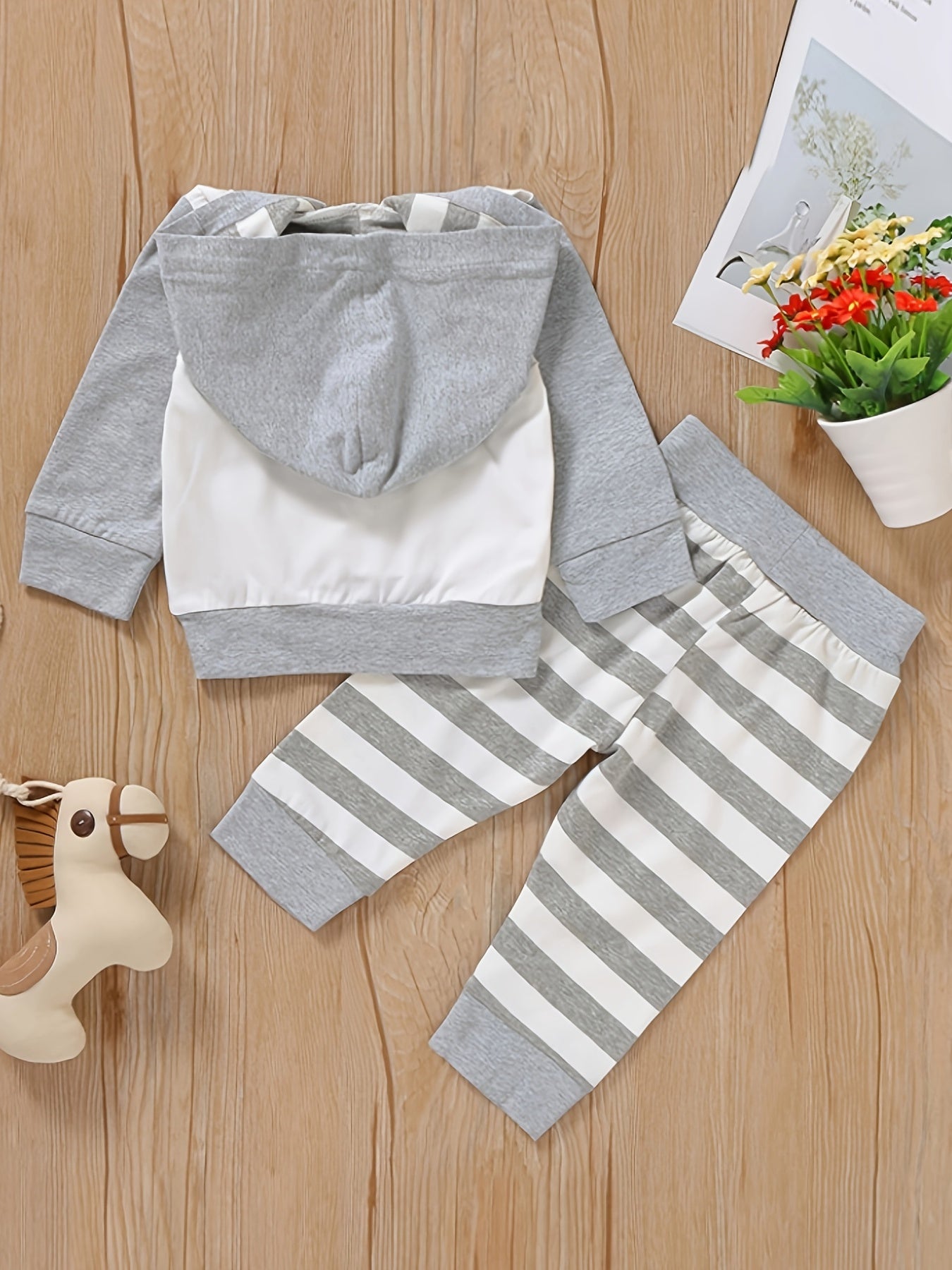 2pcs Baby Boys Elephant Hoodie & Striped Pants Set
