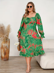 Plus Tropical Print Lantern Sleeve Square Neck Ruffle Trim Dress
