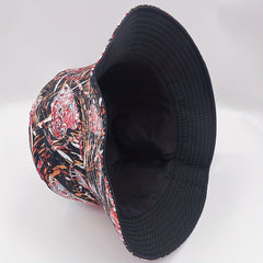 Graffiti Striped Print Bucket Hat Vintage Reversible Fisherman Cap Red Brown Sun