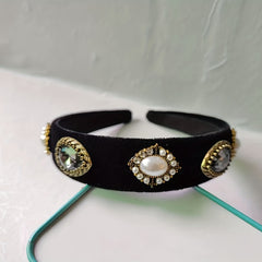 Baroque Rhinestone Faux Pearl Headband Wide Velvet Hair Band
