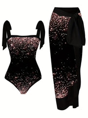  Tie Shoulder One Piece Swimsuit & Skirt Tankini Set