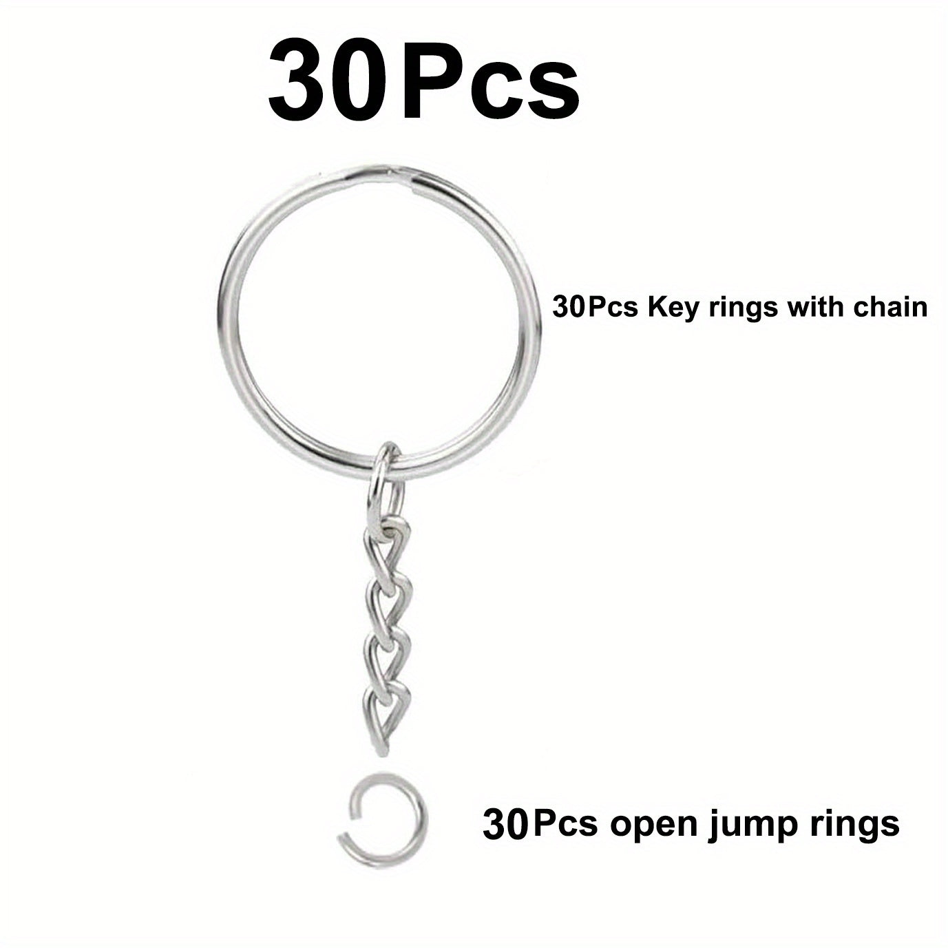 30pcs Split Keyrings With Chains Silvery Key Chains Rings Open Jump Ring 1 Inch