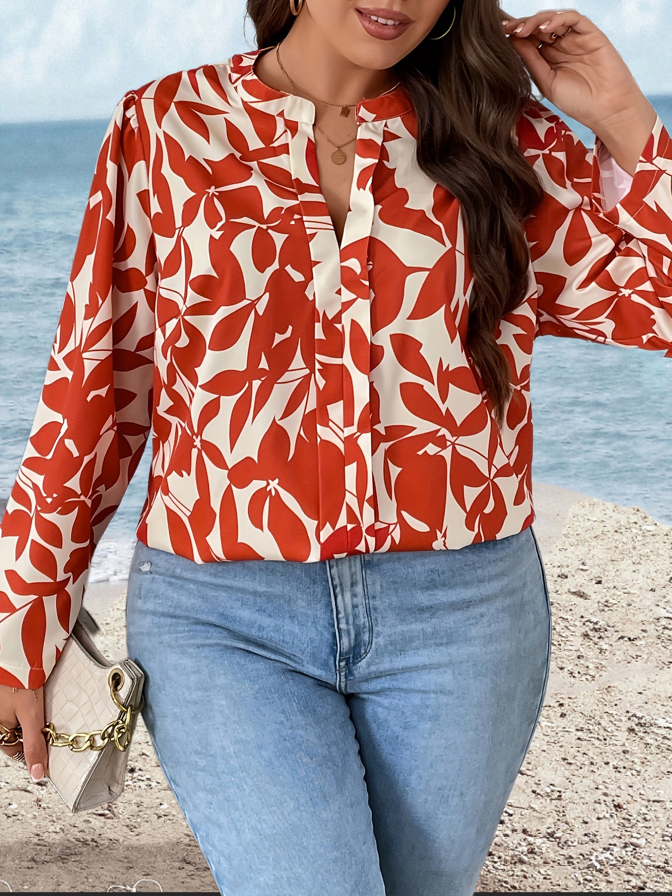  Floral Print Puff Sleeve Notched Neck Blouse