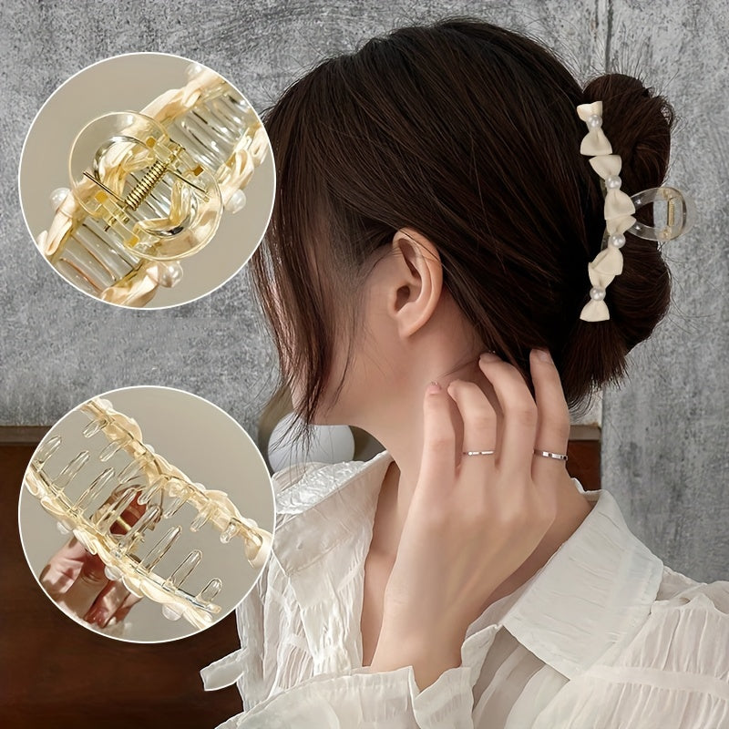 Sweet Bow Faux Pearl Hair Claw for Women Girls