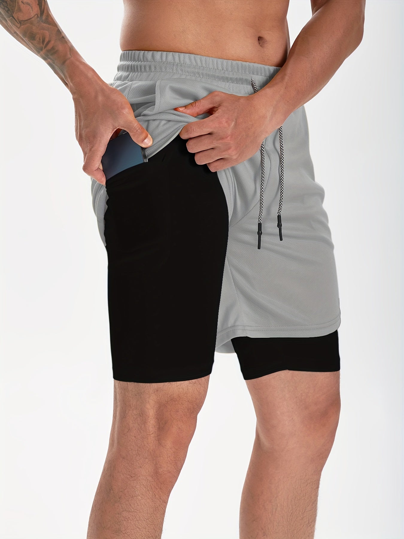 Men's 2-Layer Gym Running Shorts w/ Pockets Quick Dry Stretch Drawstring