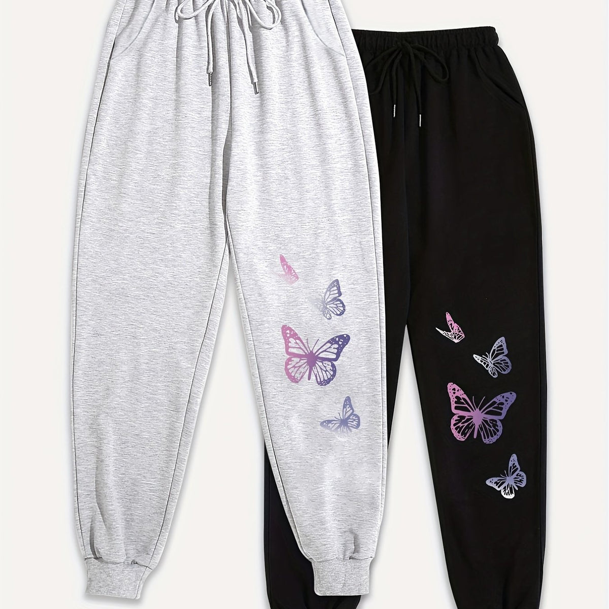 2 Pack Plus Size Butterfly Print Sports Pants Women's Fitness Joggers Set