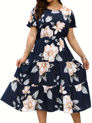  Women's Floral Print Round Neck Midi Smock Dress