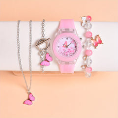 Butterfly Kids' Quartz Watch with Silicone Strap LED Light Bracelet Set