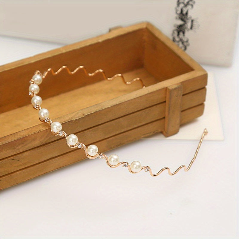 Faux Pearl Wavy Alloy Headband Rhinestone Hair Accessories