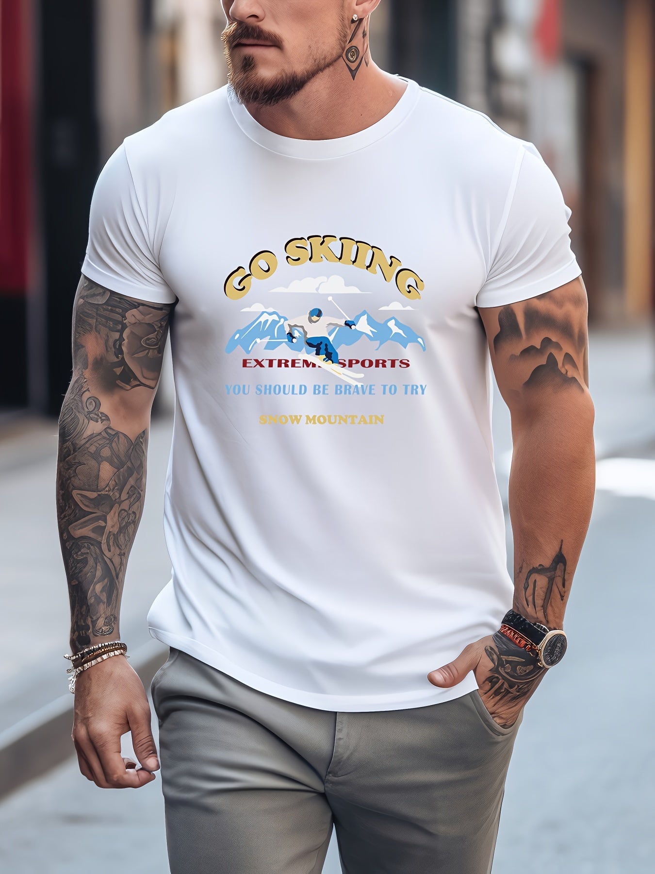 Skiing Graphic Crew Neck Active T shirt for Men