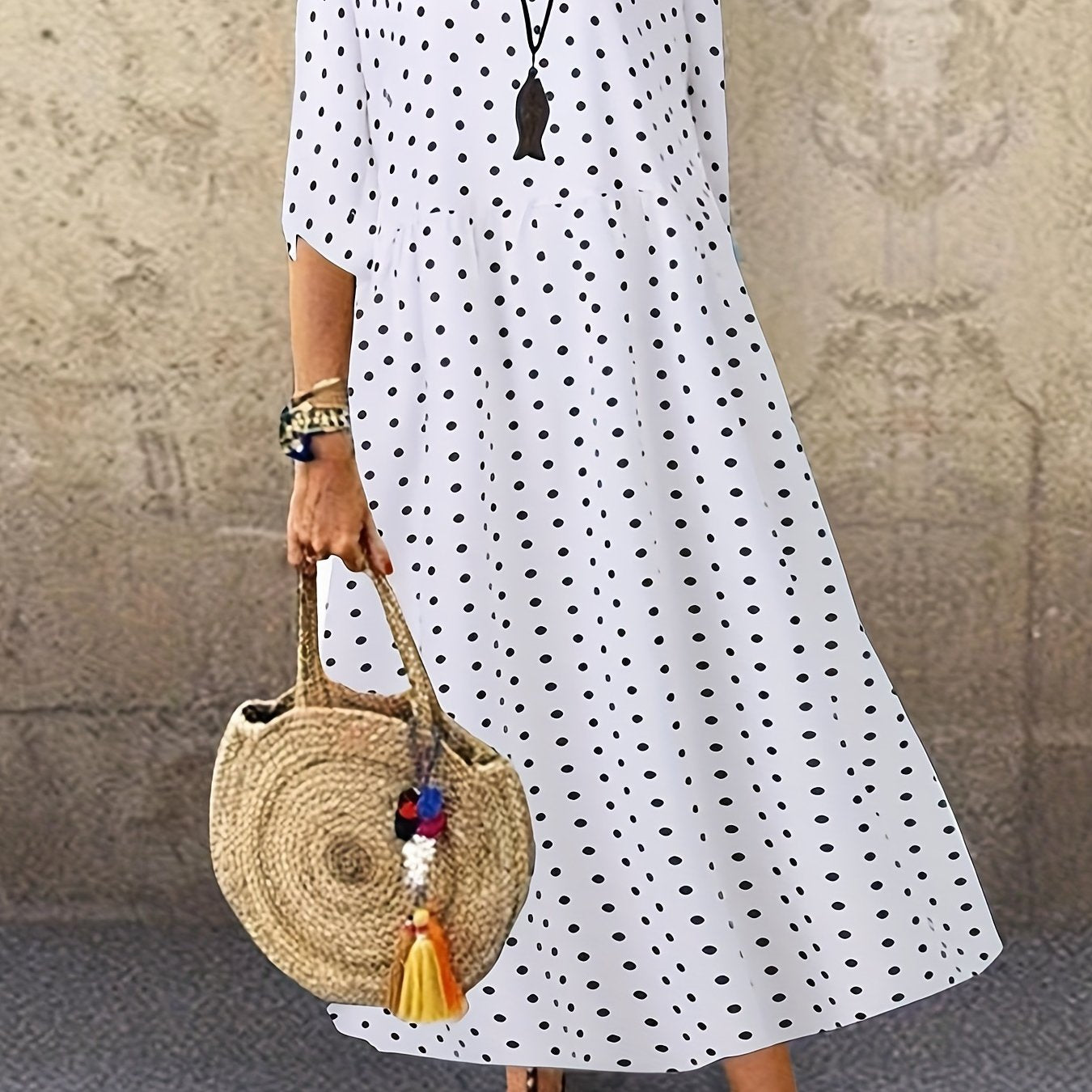  Polka Dot Print Half Sleeve Maxi Dress