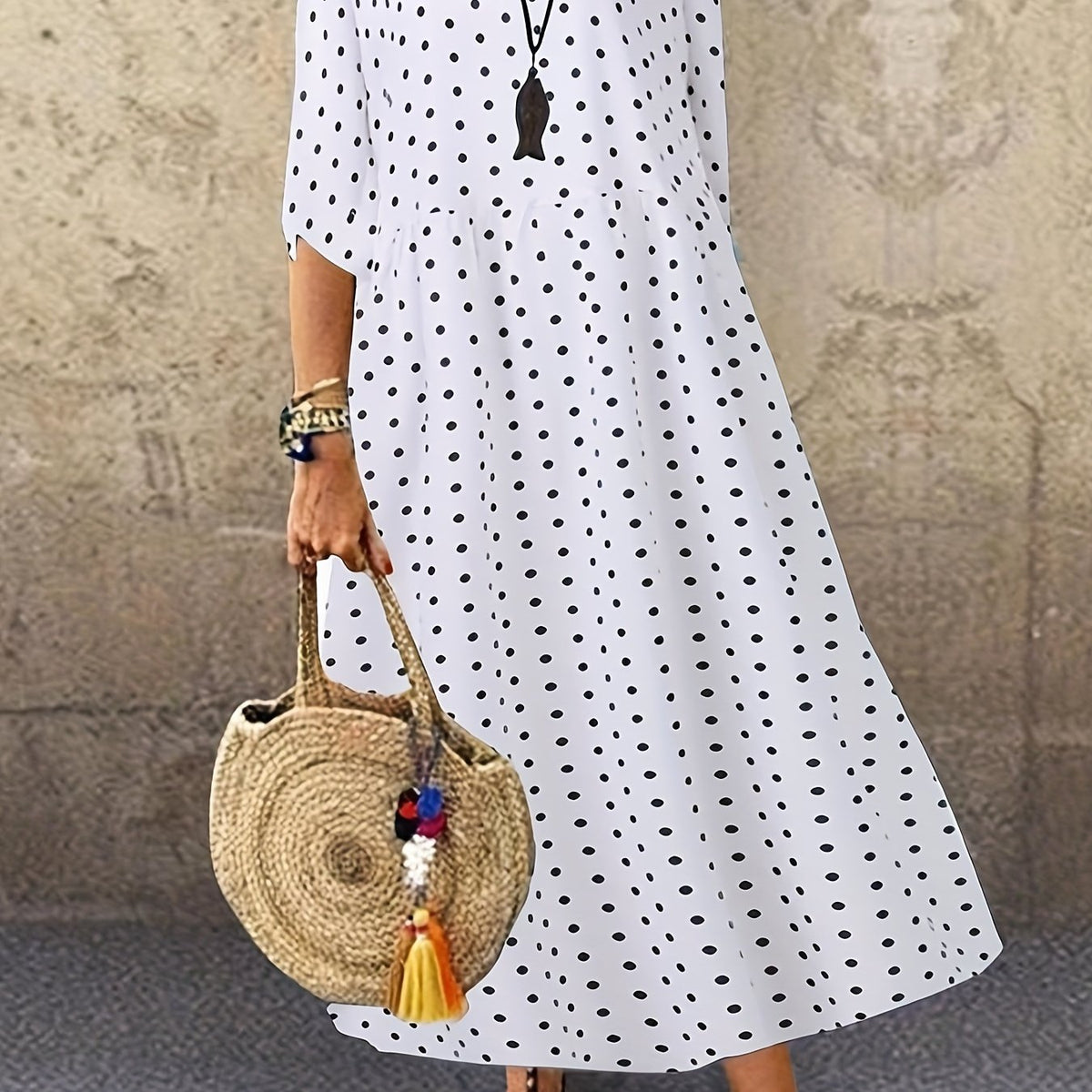  Polka Dot Print Half Sleeve Maxi Dress