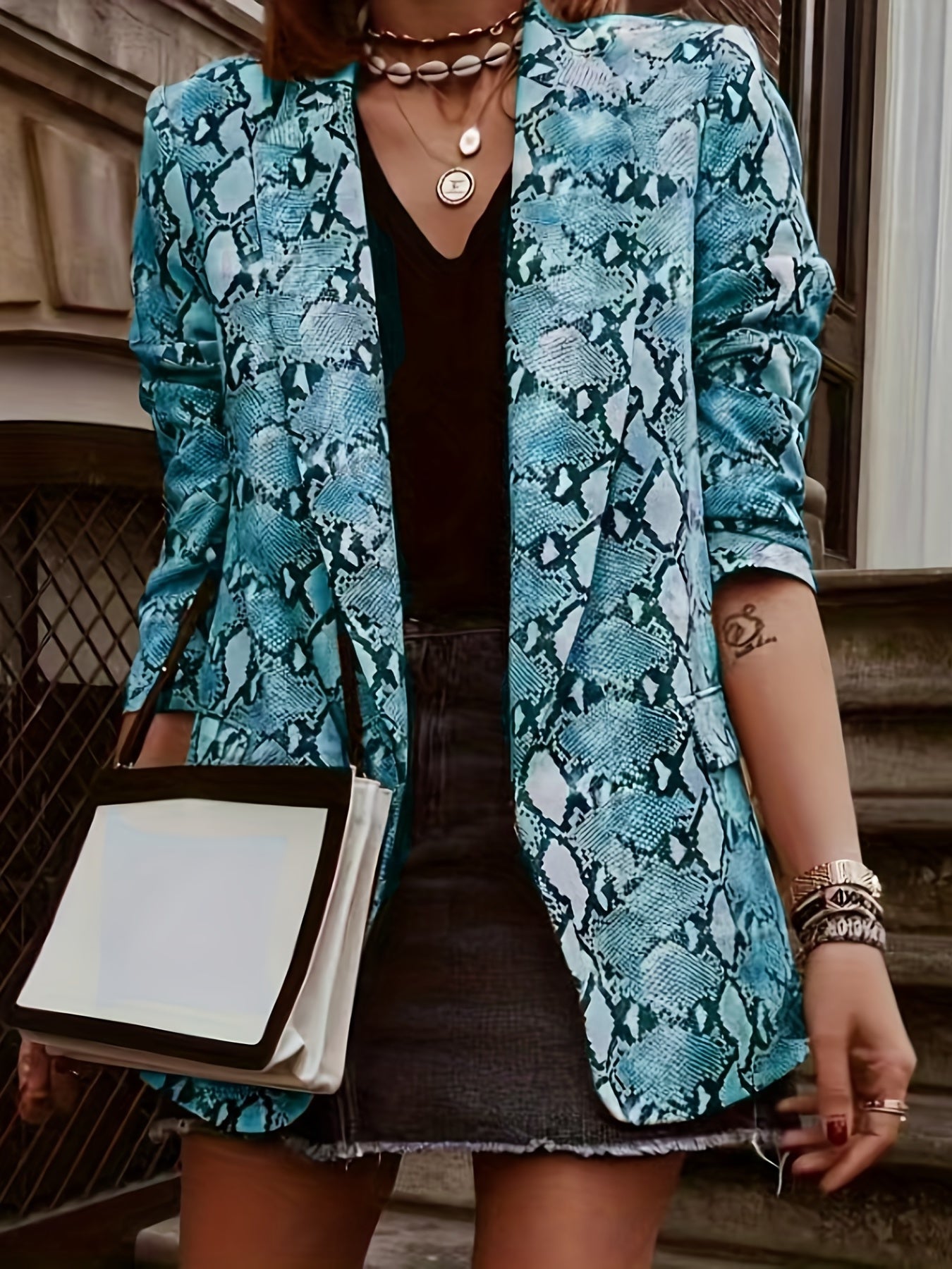  Casual Snake Pattern Blazer Open Front Long Sleeve Slim Fit