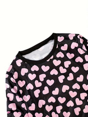  Heart Print Lounge Set Long Sleeve Top & Joggers Pajamas 2 Piece