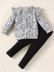 Girl's Leopard Top & Leggings Set Heart Patched Outfit Spring Fall