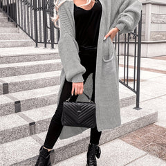  Solid Lantern Sleeve Open Front Cardigan