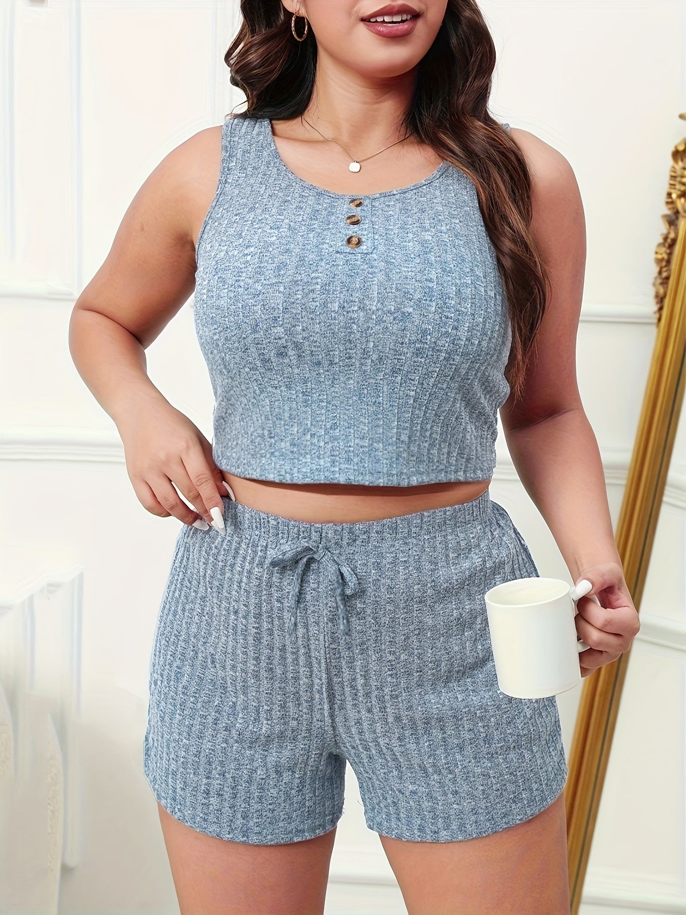  Ribbed Tank Crop Top & Drawstring Shorts Set