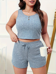  Ribbed Tank Crop Top & Drawstring Shorts Set