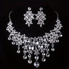 Atmospheric Bride Wedding Set Rhinestone Necklace Earrings